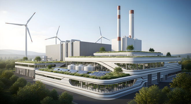 Futuristic factory running only on renewable energy, zero emissions concept