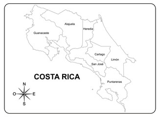 Black and white map of Costa Rica, with political divisions and names