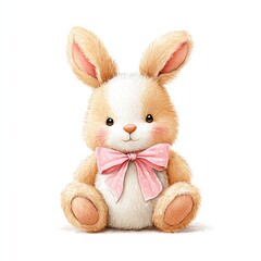 Obraz premium a hand-painted watercolor image of a fluffy bunny toy with pink bow, baby nursery theme, isolated on white