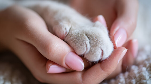 A pair of female hands gently hold a catâ€™s paws, expressing tenderness and animal care