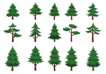 A collection of fifteen cartoonstyle pine trees of varying shapes and sizes set against a plain white background