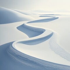 Winding ski tracks carve through a vast, white, frozen winter landscape under a cold sky, revealing the abstract texture of snow dunes