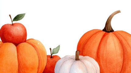 Watercolor painting of orange, white pumpkins and red apples with green leaves on a white background.