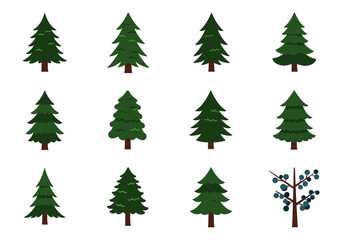 An array of evergreen trees of varying designs arranged in a 3x4 grid