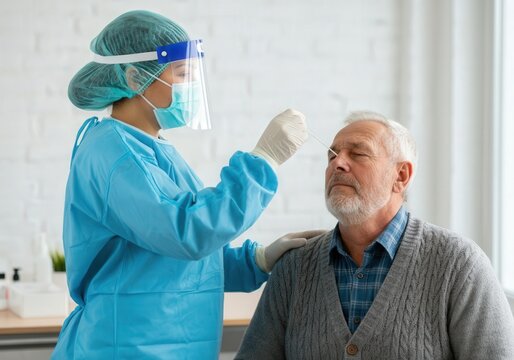 Healthcare worker administering swab test to senior man