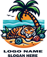 Naklejka premium Colorful vector illustration of a relaxed tiger lounging under a beach palm tree .