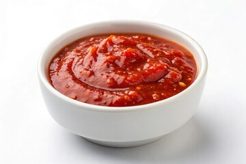 A bowl of vibrant red tomato salsa with visible chunks of tomatoes and spices isolated on white background