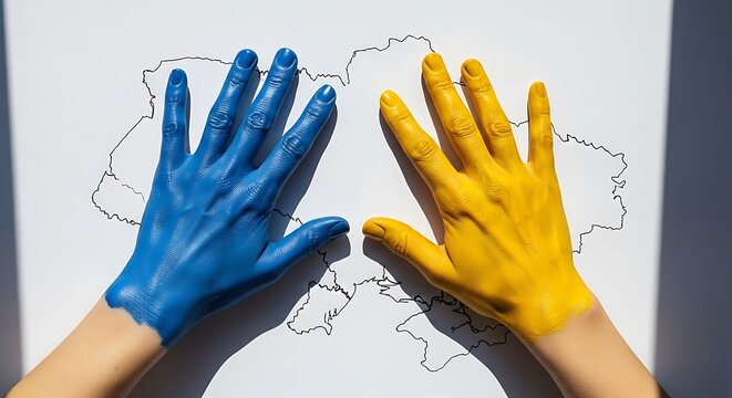 Hands painted in the colors of the Ukrainian flag are placed over a map of Ukraine.
