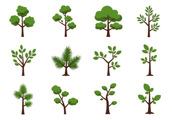 Obraz premium Collection of twelve cartoon tree illustrations with varying leaf shapes and branch structures