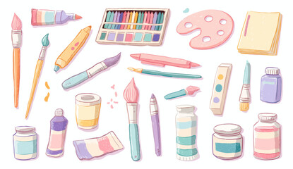 
Cute flat art-style clipart of various painting tools and supplies, such as paintbrushes, pencils, crayons, a palette, paper, and watercolor tubes, on a white background.