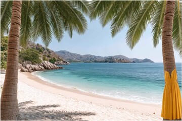 Obraz premium Serene beach landscape framed by lush palm trees with a vibrant yellow dress hanging on a palm trunk emphasizing relaxed coastal harmony and escapism in a tropical paradise
