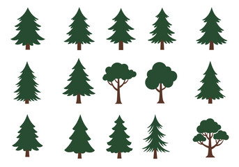 Fifteen vector trees firs spruces and leafy trees in three rows on a white background
