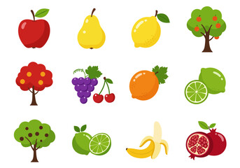 Fruit icons apple pear lemon limes banana grapes cherries orange pomegranates and fruit trees