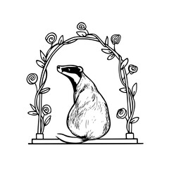 Vector card with hand drawn sweet badger in graceful floral arch made with ink. Perfect design elements, animal illustration