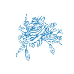 Vintage Toile de Jouy bouquet with Blue flowers and Swallows.