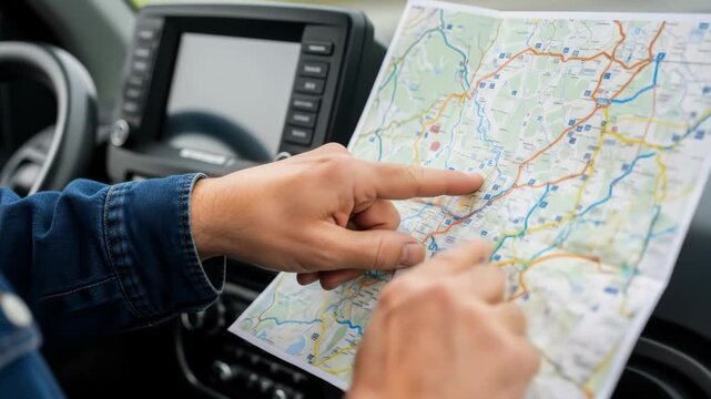 Navigating a road trip with a map inside a car