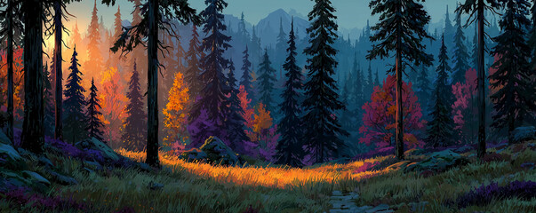 Autumn forest landscape with birch trees, evergreen pines, and golden grass in soft morning light