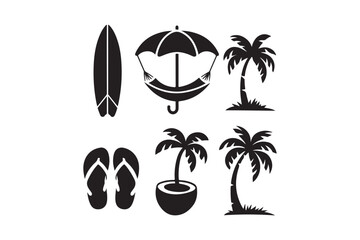 Collection of tropical beach and vacation icons silhouette