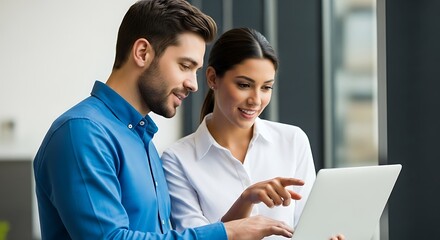 Obraz premium Two colleagues collaborate on a project using a laptop