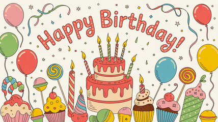 Festive birthday greeting, gold silver balloons, glitter, confetti, elegant lettering