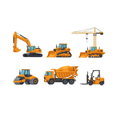 Construction Vehicles Excavator, Bulldozer, Crane, Roller, Cement Mixer, Forklift Illustration