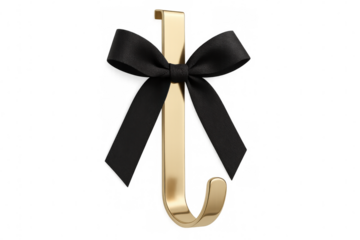 Golden metallic letter j with black bow isolated on transparent background, perfect for luxury branding or festive designs