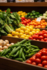 Vibrant Fresh Produce Display: Spinach, Lemons, Tomatoes, and Peppers in Market Bins