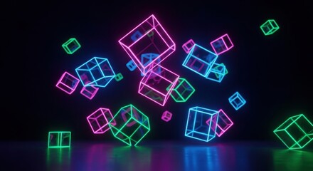 Fototapeta premium Abstract neon cubes floating in darkness with vibrant pink blue and green light reflections on a reflective surface