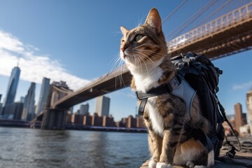 Cat explores the waterfront near Brooklyn Bridge on a sunny day with city skyline in background