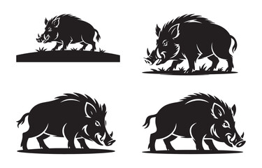 Black and white vector illustrations of wild boar in different stances and poses on white background