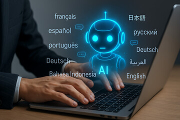 Person working on computer with artificial intelligence robot offering multilingual support and real time translation for language learning and communication across global cultures