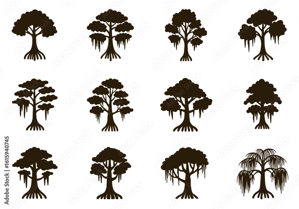 Wall mural twelve silhouette trees with differing branch and hanging moss patterns arranged in a grid