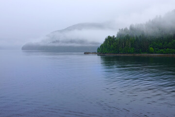 Rugged Mountain Range with Pine Trees Stormy Clouds and Bad Weather