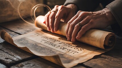 Aged hands unrolling ancient scroll with ornate border and script on wooden table image