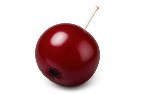 Glossy red candy apple with a stick, isolated on a transparent background, showcasing its vibrant color and shiny surface