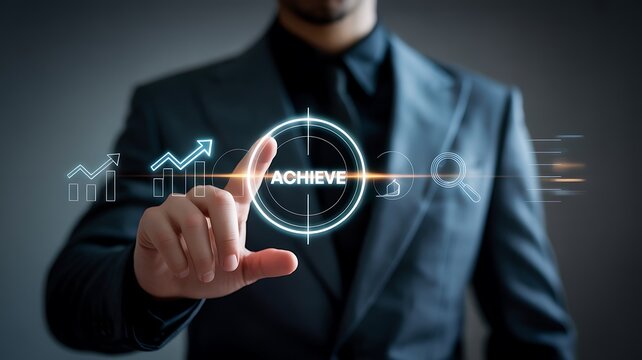 Businessman touching futuristic interface with achieve target and growth chart image