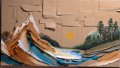 painting on canvas made from reclaimed cardboard rich textures and eco vibes