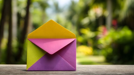 Multicolored envelope on a wooden surface with a blurred background.