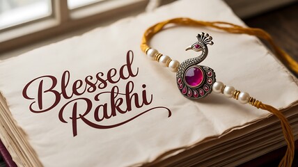 Fototapeta premium A blessed rakhi rests on a book near a window