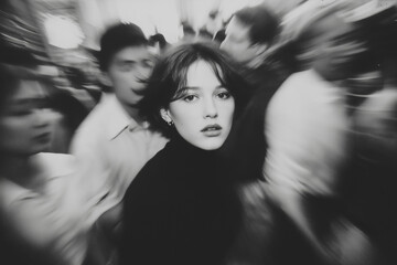 Lonely and Little Scared Woman Standing Still in a Crowd – Black and White Motion Blur Concept of Isolation