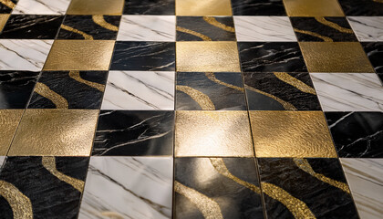 a close up view of a luxurious checkered marble floor with gold and black tiles