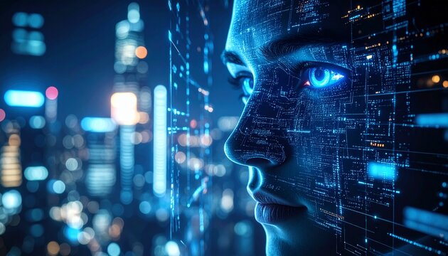 Digital face gazes over glowing cityscape