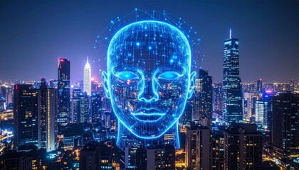 Cybernetic visage presides over city skyline