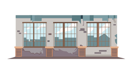 The facade of an abandoned building shows the effects of time and neglect, with decaying walls and broken windows