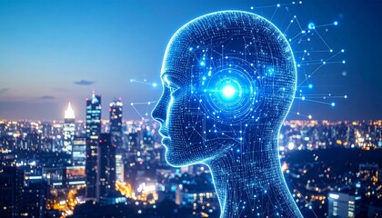Digital intellect overlooking a vibrant cityscape