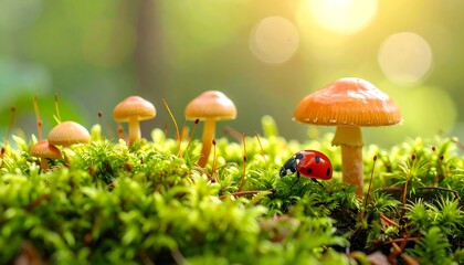 Ladybug and Mushrooms in a Lush Green Forest with Soft Sunlight