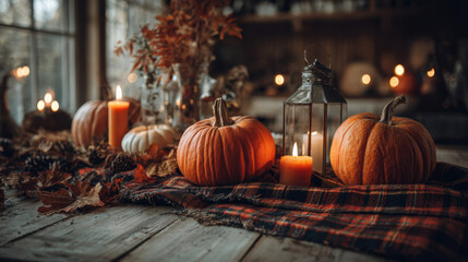 Rustic Autumn Table Decor with Pumpkins and Candles