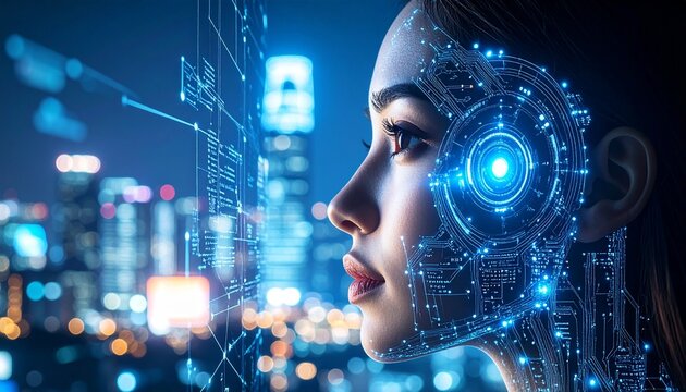 Futuristic face amidst a glowing cityscape