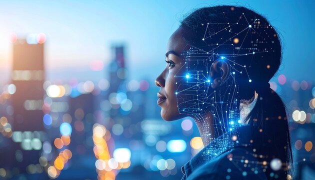 Woman in digital network overlay gazing at city