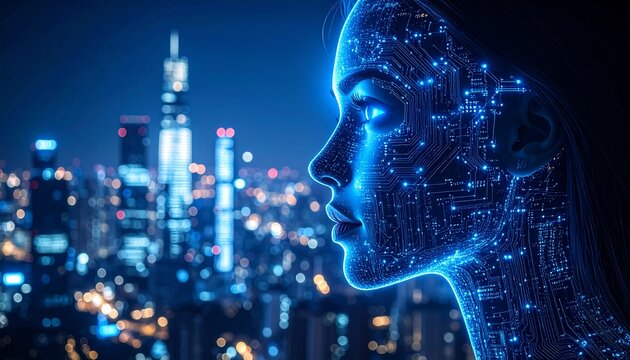 Electronic woman gazes over urban cityscape - Powered by Adobe